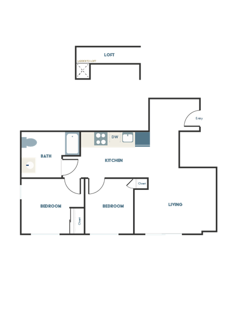 A floor plan of a house with a loft, living room, two bedrooms, a bathroom, and a kitchen.